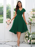 Vestido de dama de honor asimétrico de corte A/princesa, de gasa, con volantes, escote en V y mangas cortas, ideal para invitadas de boda y graduación.