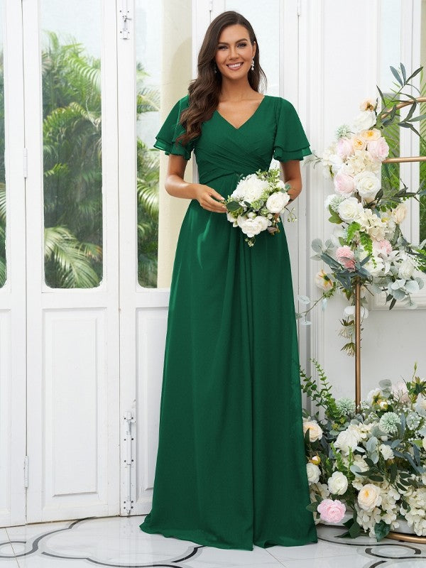 A-Line/Princess Chiffon Ruffles V-neck Short Sleeves Floor-Length Bridesmaid Dresses Evening Dress
