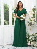 A-Line/Princess Chiffon Ruffles V-neck Short Sleeves Floor-Length Bridesmaid Dresses Evening Dress