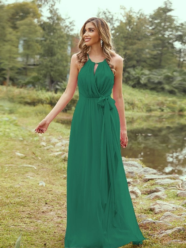 A-Line/Princess Chiffon Ruffles Halter Sleeveless Sweep/Brush Train Bridesmaid Dresses	Evening Prom Dress
