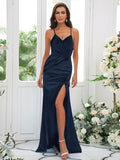 Sheath/Column Silk like Satin Ruched Spaghetti Straps Sleeveless Sweep/Brush Train Bridesmaid Dresses Evening Dress
