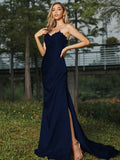 Sheath/Column Silk like Satin Ruched Sweetheart Sleeveless Sweep/Brush Train Bridesmaid Dresses Evening Dress