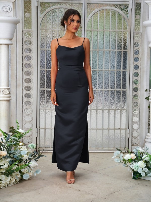 Sheath/Column Satin Ruched Spaghetti Straps Sleeveless Ankle-Length Bridesmaid Dresses Evening Dress
