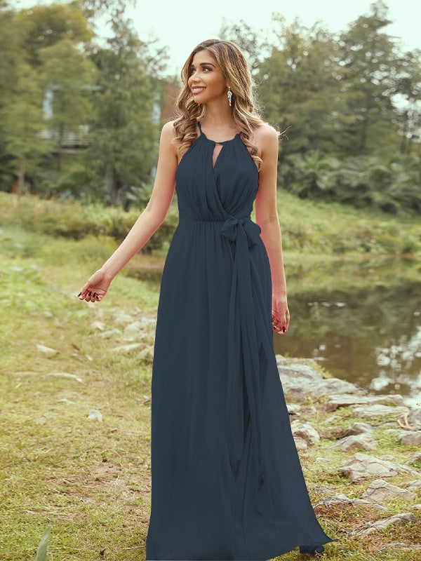 A-Line/Princess Chiffon Ruffles Halter Sleeveless Sweep/Brush Train Bridesmaid Dresses	Evening Prom Dress
