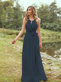 A-Line/Princess Chiffon Ruffles Halter Sleeveless Sweep/Brush Train Bridesmaid Dresses	Evening Prom Dress