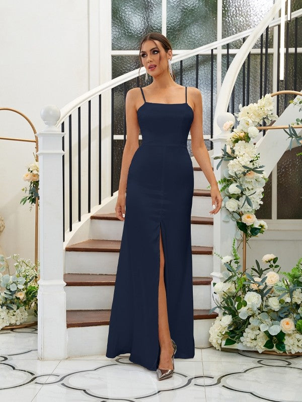 A-Line/Princess Silk like Satin Ruffles Spaghetti Straps Sleeveless Floor-Length Bridesmaid Dresses Evening Dress