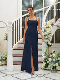 A-Line/Princess Silk like Satin Ruffles Spaghetti Straps Sleeveless Floor-Length Bridesmaid Dresses Evening Dress