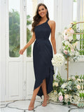 A-Line/Princess Silk like Satin Ruched One-Shoulder Sleeveless Tea-Length Bridesmaid Dresses Evening Prom Dress