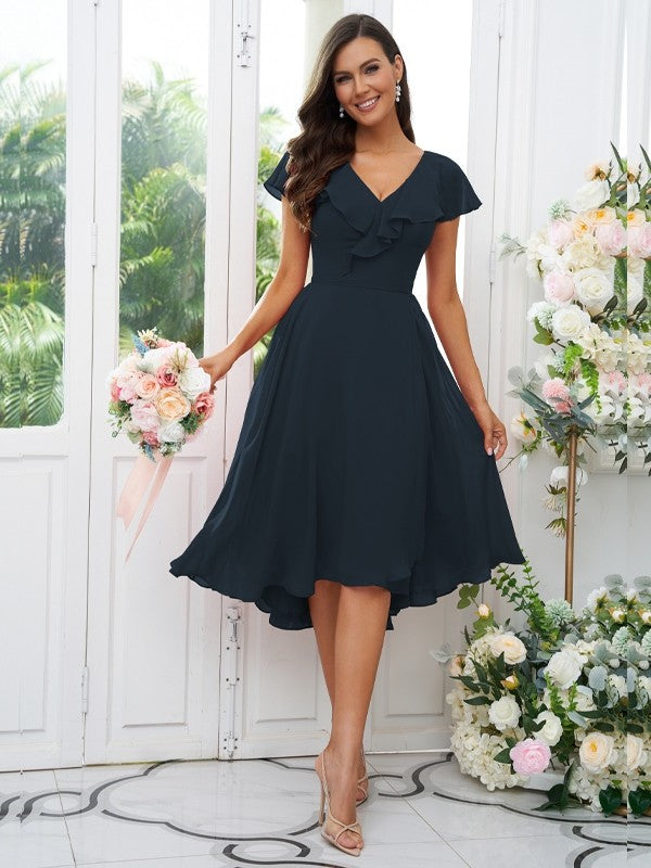 Vestido de dama de honor asimétrico de corte A/princesa, de gasa, con volantes, escote en V y mangas cortas, ideal para invitadas de boda y graduación.