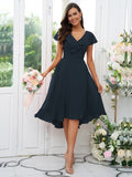 Vestido de dama de honor asimétrico de corte A/princesa, de gasa, con volantes, escote en V y mangas cortas, ideal para invitadas de boda y graduación.