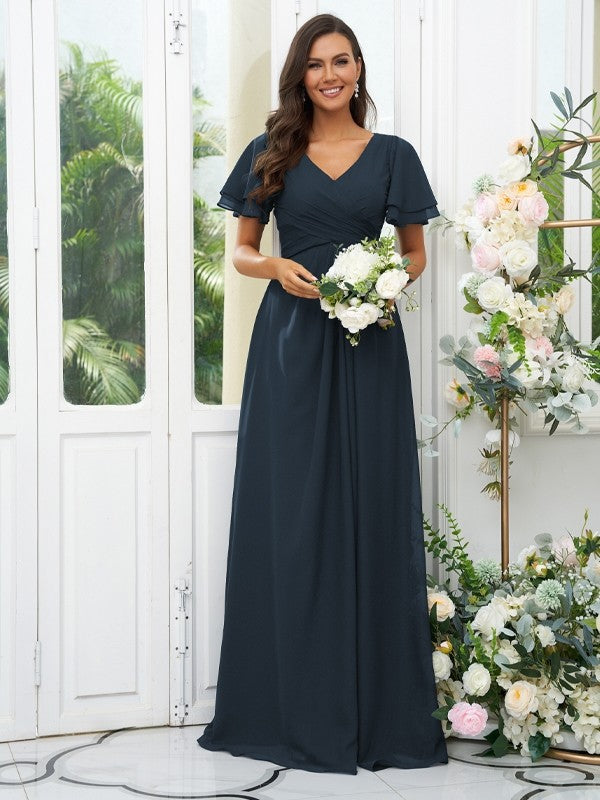 A-Line/Princess Chiffon Ruffles V-neck Short Sleeves Floor-Length Bridesmaid Dresses Evening Dress