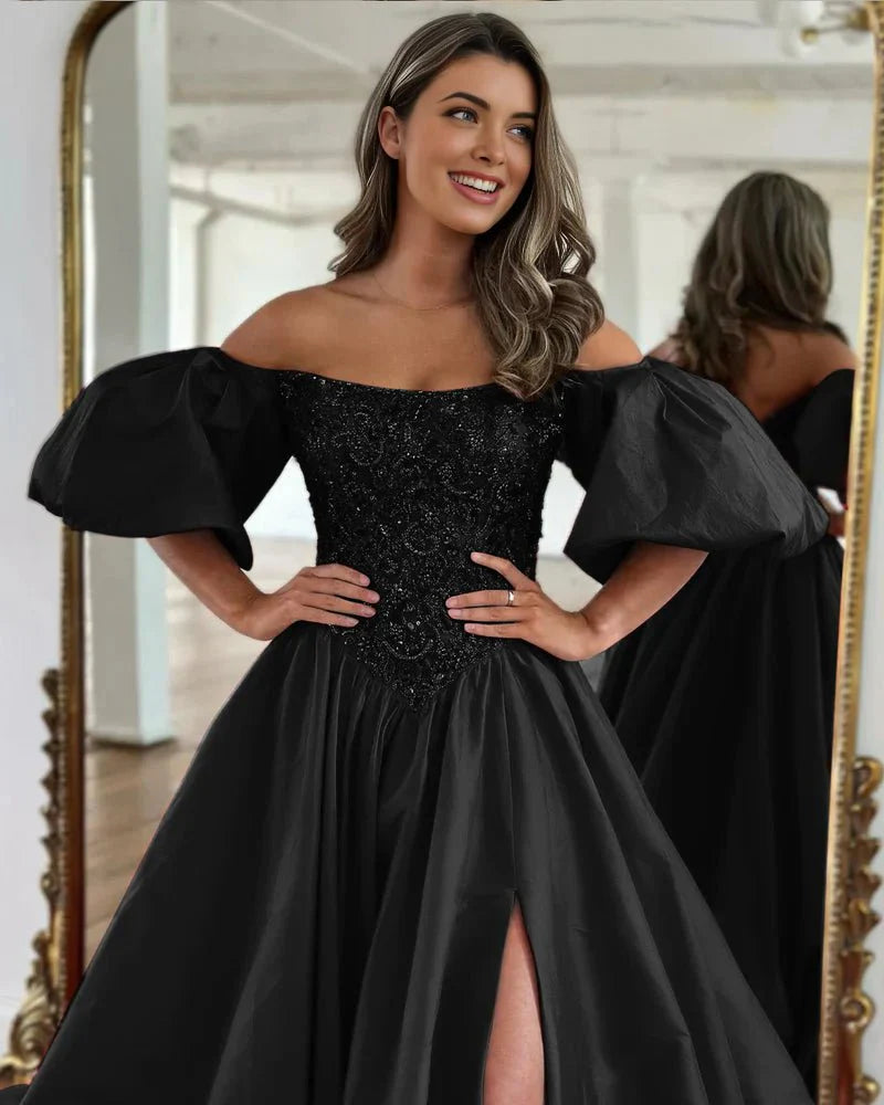 A-Line Off The Shoulder Taffeta Prom Dress With Short Puffy Sleeves