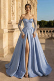 A-Line Lilac Sweetheart Satin Long Corset Prom Dress with Slit (Gloves are not Included)