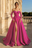 A-Line Lilac Sweetheart Satin Long Corset Prom Dress with Slit (Gloves are not Included)