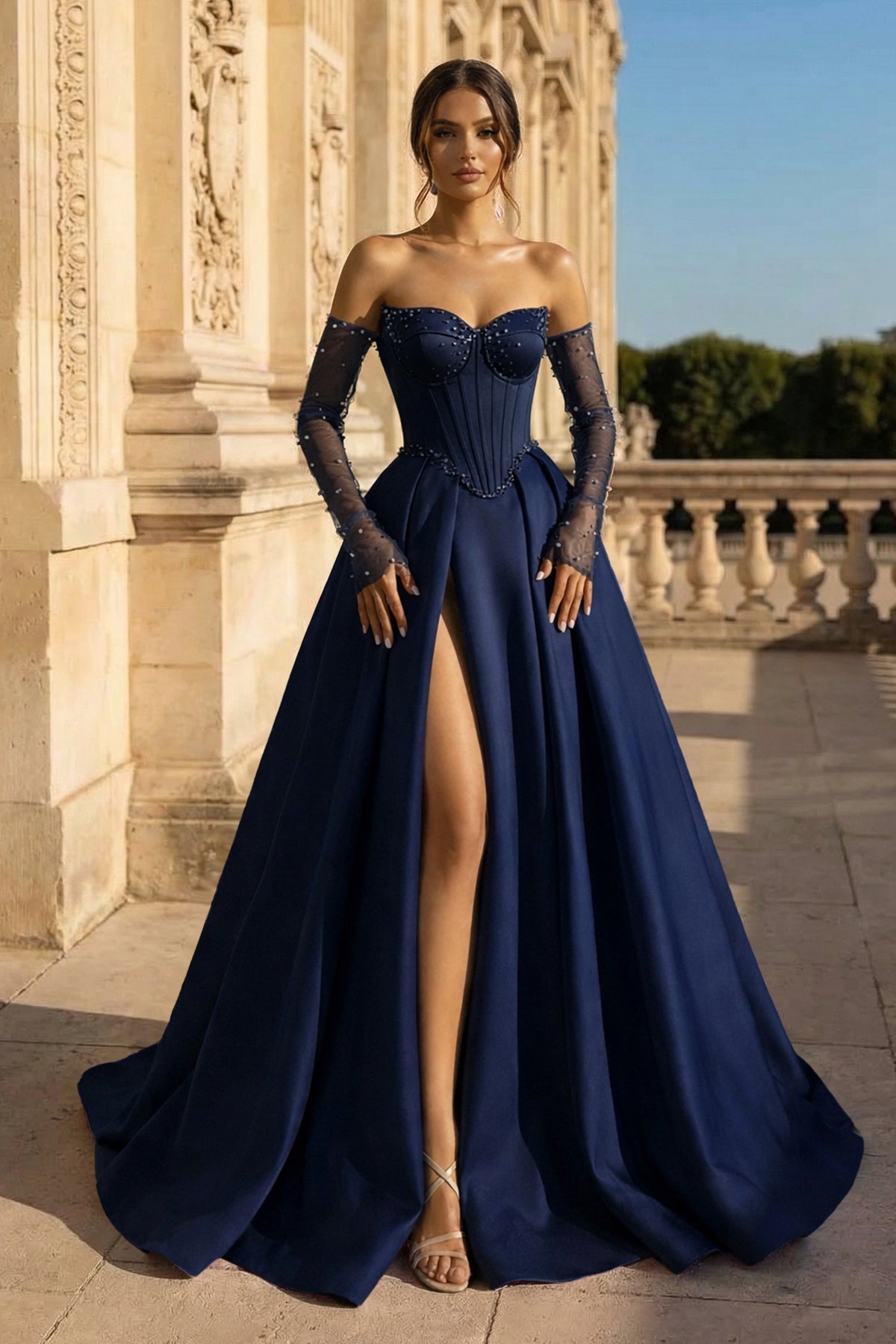 A-Line Lilac Sweetheart Satin Long Corset Prom Dress with Slit (Gloves are not Included)
