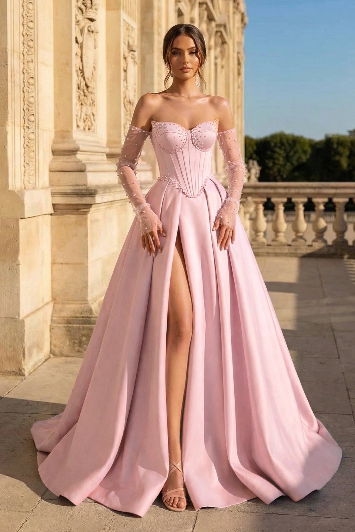 A-Line Lilac Sweetheart Satin Long Corset Prom Dress with Slit (Gloves are not Included)