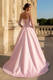 A-Line Lilac Sweetheart Satin Long Corset Prom Dress with Slit (Gloves are not Included)