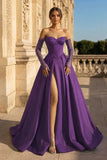 A-Line Lilac Sweetheart Satin Long Corset Prom Dress with Slit (Gloves are not Included)