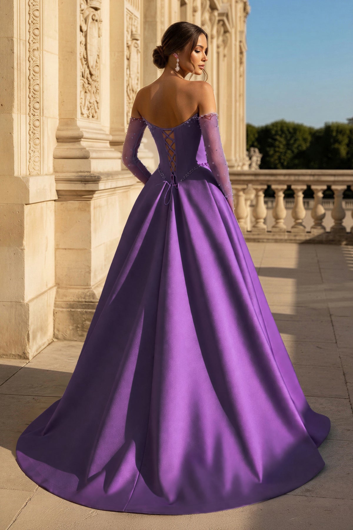 A-Line Lilac Sweetheart Satin Long Corset Prom Dress with Slit (Gloves are not Included)