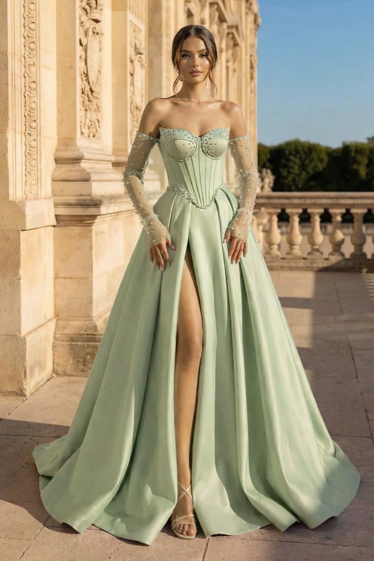 A-Line Lilac Sweetheart Satin Long Corset Prom Dress with Slit (Gloves are not Included)
