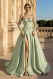 A-Line Lilac Sweetheart Satin Long Corset Prom Dress with Slit (Gloves are not Included)
