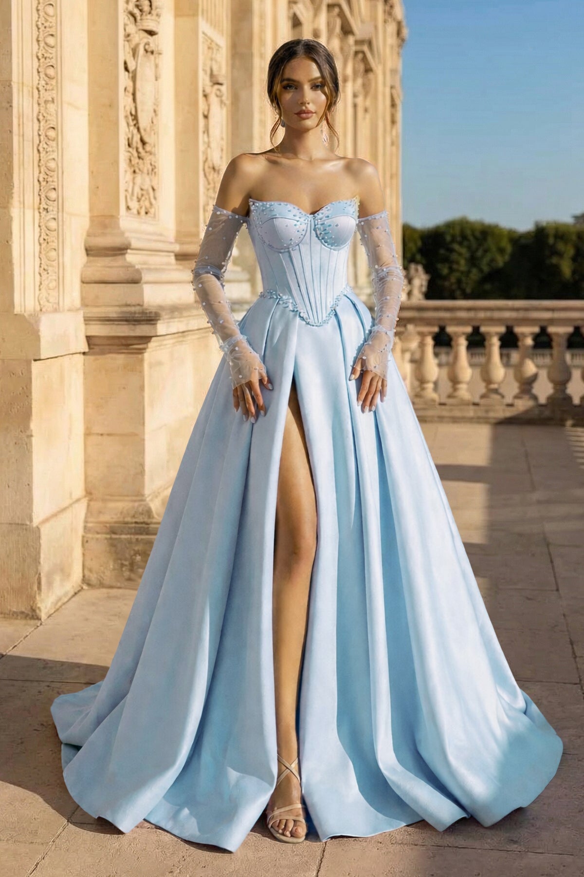 A-Line Lilac Sweetheart Satin Long Corset Prom Dress with Slit (Gloves are not Included)