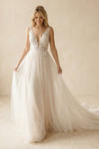 Deep V-Neck Tulle A-Line Appliqued Wedding Dress in Ivory