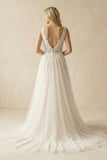 Deep V-Neck Tulle A-Line Appliqued Wedding Dress in Ivory