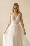 Deep V-Neck Tulle A-Line Appliqued Wedding Dress in Ivory