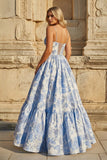 Blue A-Line Spaghetti Straps Floral Jacquard Satin Long Prom Dresses with Keyhole