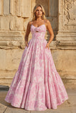 Blue A-Line Spaghetti Straps Floral Jacquard Satin Long Prom Dresses with Keyhole