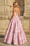 Blue A-Line Spaghetti Straps Floral Jacquard Satin Long Prom Dresses with Keyhole