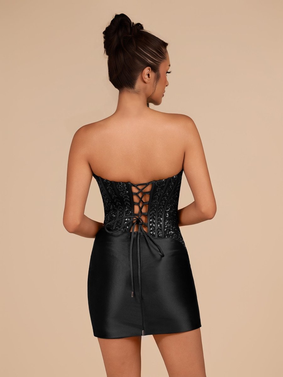 Black - Strapless Bodycon Satin Pleated Short Homecoming & Cocktail Dresses With Beading
