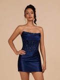 Navy Blue Strapless Bodycon Satin Pleated Short Homecoming & Cocktail Dresses With Beading
