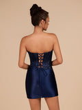 Navy Blue Strapless Bodycon Satin Pleated Short Homecoming & Cocktail Dresses With Beading