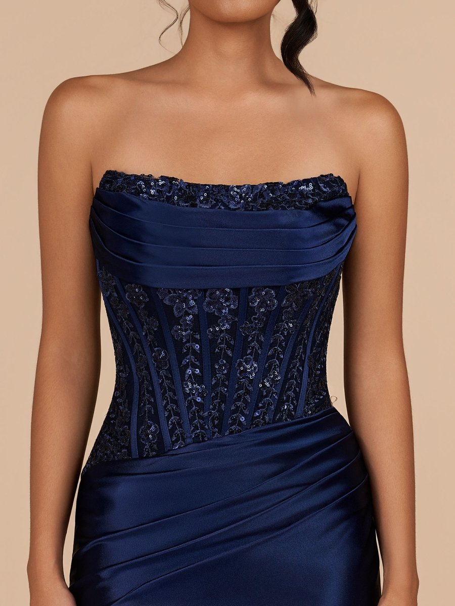 Navy Blue Strapless Bodycon Satin Pleated Short Homecoming & Cocktail Dresses With Beading