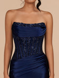 Navy Blue Strapless Bodycon Satin Pleated Short Homecoming & Cocktail Dresses With Beading