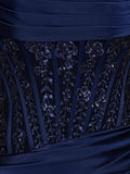 Navy Blue Strapless Bodycon Satin Pleated Short Homecoming & Cocktail Dresses With Beading