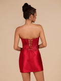 Navy Blue Strapless Bodycon Satin Pleated Short Homecoming & Cocktail Dresses With Beading