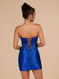 Royal Blue - Strapless Bodycon Satin Pleated Short Homecoming & Cocktail Dresses With Beading