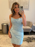 Navy Blue Strapless Bodycon Satin Pleated Short Homecoming & Cocktail Dresses With Beading