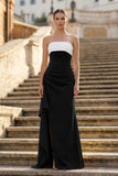 Yellow Mermaid Strapless Satin Pleated Long Prom Dress with Slit