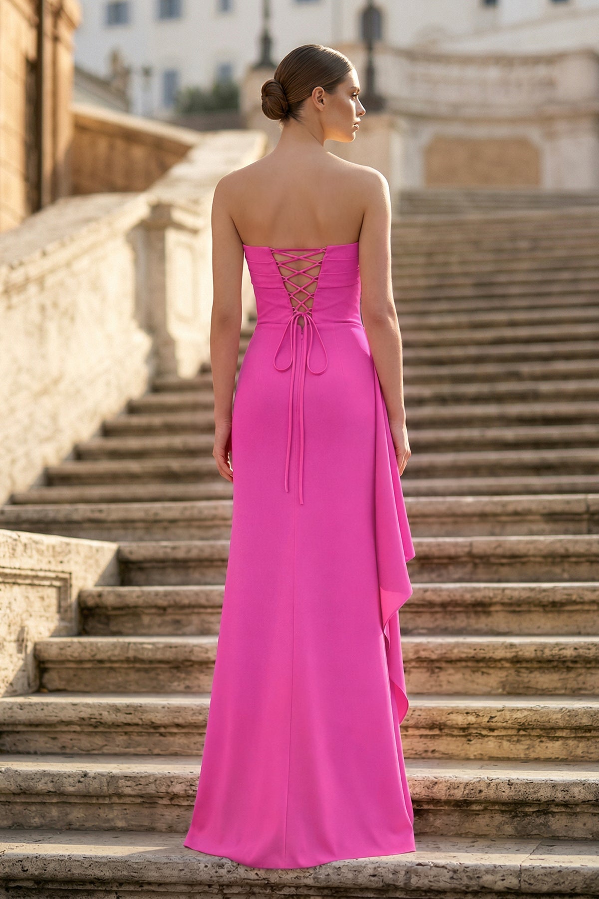 Yellow Mermaid Strapless Satin Pleated Long Prom Dress with Slit