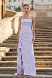 Yellow Mermaid Strapless Satin Pleated Long Prom Dress with Slit