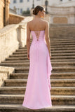 Yellow Mermaid Strapless Satin Pleated Long Prom Dress with Slit