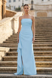 Yellow Mermaid Strapless Satin Pleated Long Prom Dress with Slit