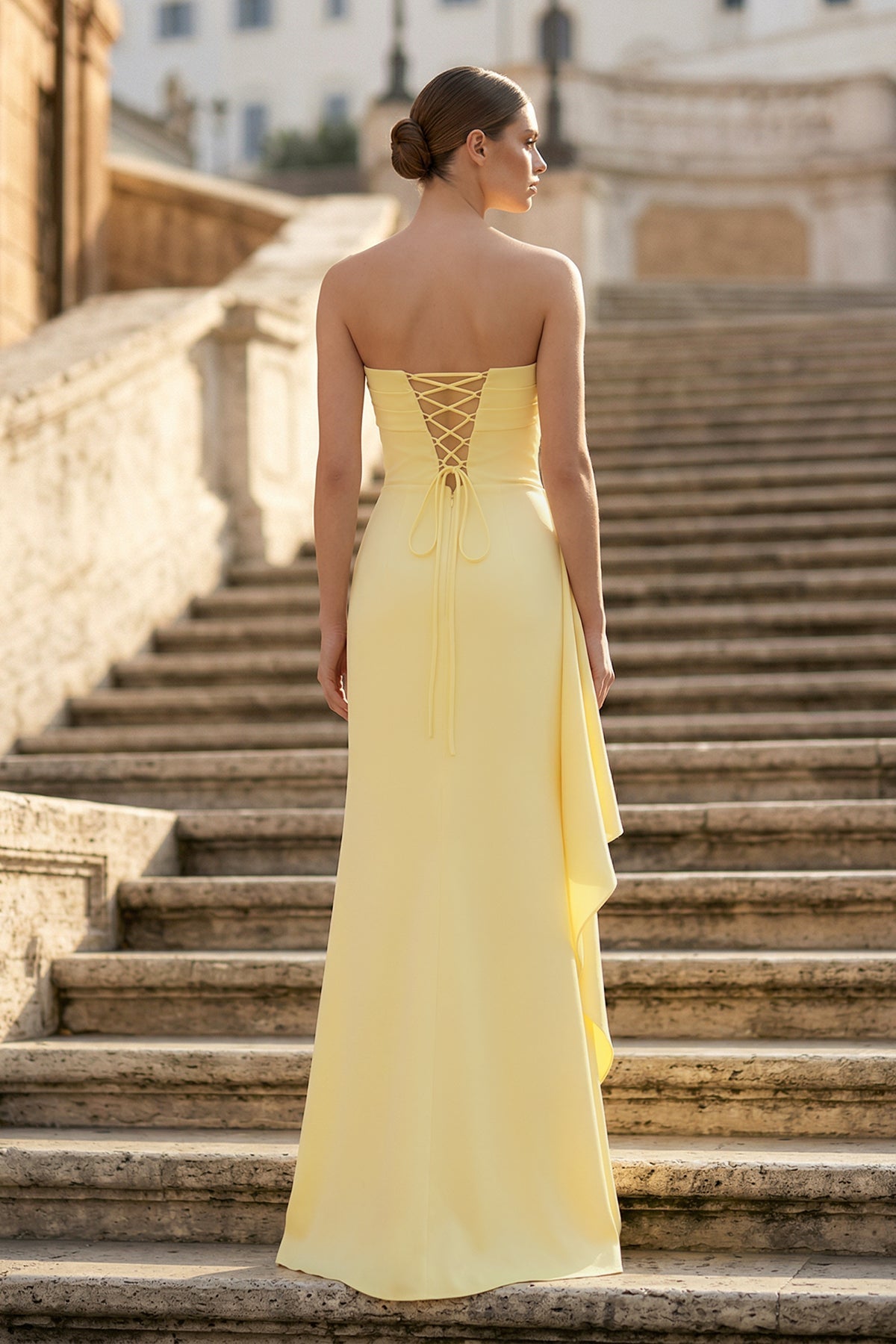 Yellow Mermaid Strapless Satin Pleated Long Prom Dress with Slit
