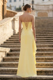 Yellow Mermaid Strapless Satin Pleated Long Prom Dress with Slit