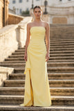 Yellow Mermaid Strapless Satin Pleated Long Prom Dress with Slit
