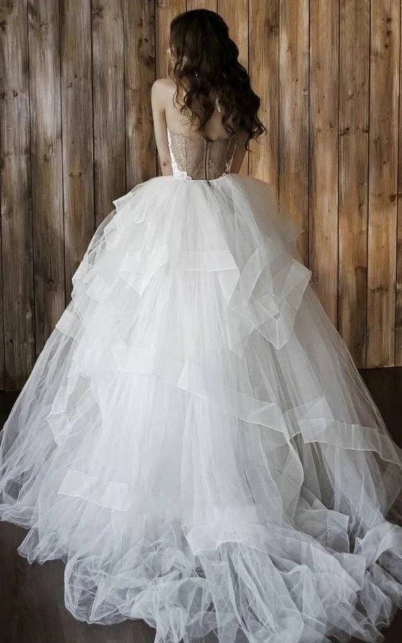 Detachable Floral Princess A-Line Boho Lace Wedding Dress Elegant Chic Sweetheart Court Train Ball Gown